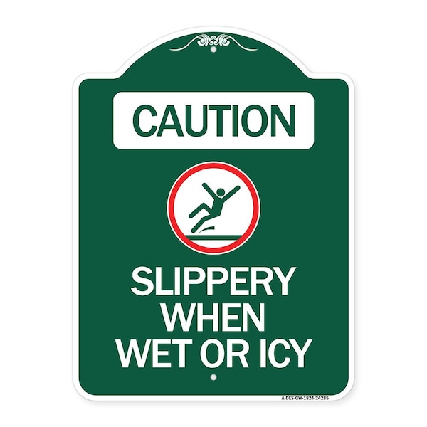 Caution-Slippery When Wet or Icy W/ Graphic, Green & White Aluminum Sign, 18" H, GW-1824-24285
